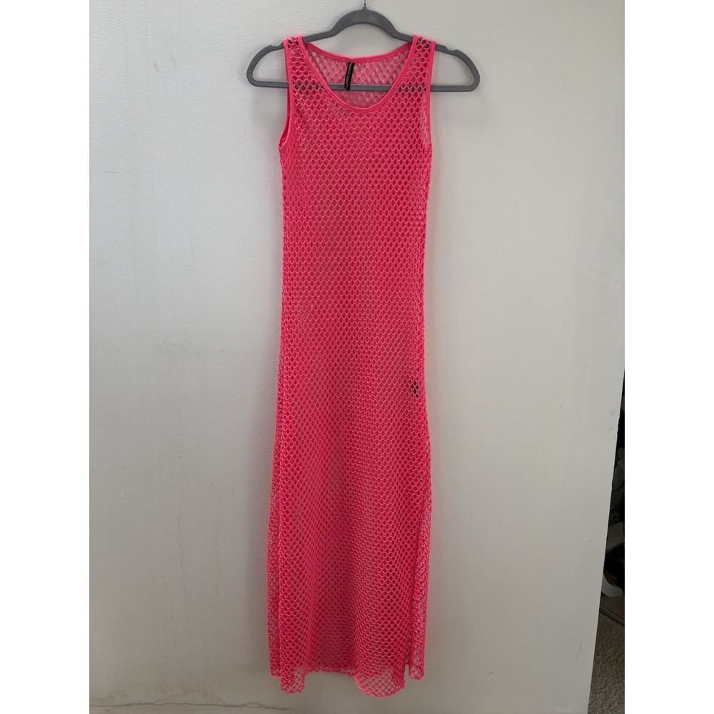 Women Mesh Maxi Cover Up Sz LARGE Neon Pink See Through Summer Dress Beach - Picture 1 of 13